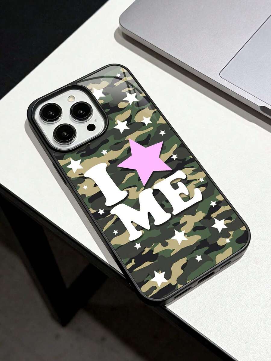 迷彩星形字母图案亮面亚克力手机壳，兼容苹果17/16 Pro Max、14、13、12、11 Pro Max、XS Max、X、XR、8、7 Plus、15、13 Pro Max、16、14 Plus、11，可作为生日礼物、送给女友、男友或自用。 - 黑色 - 查看 1