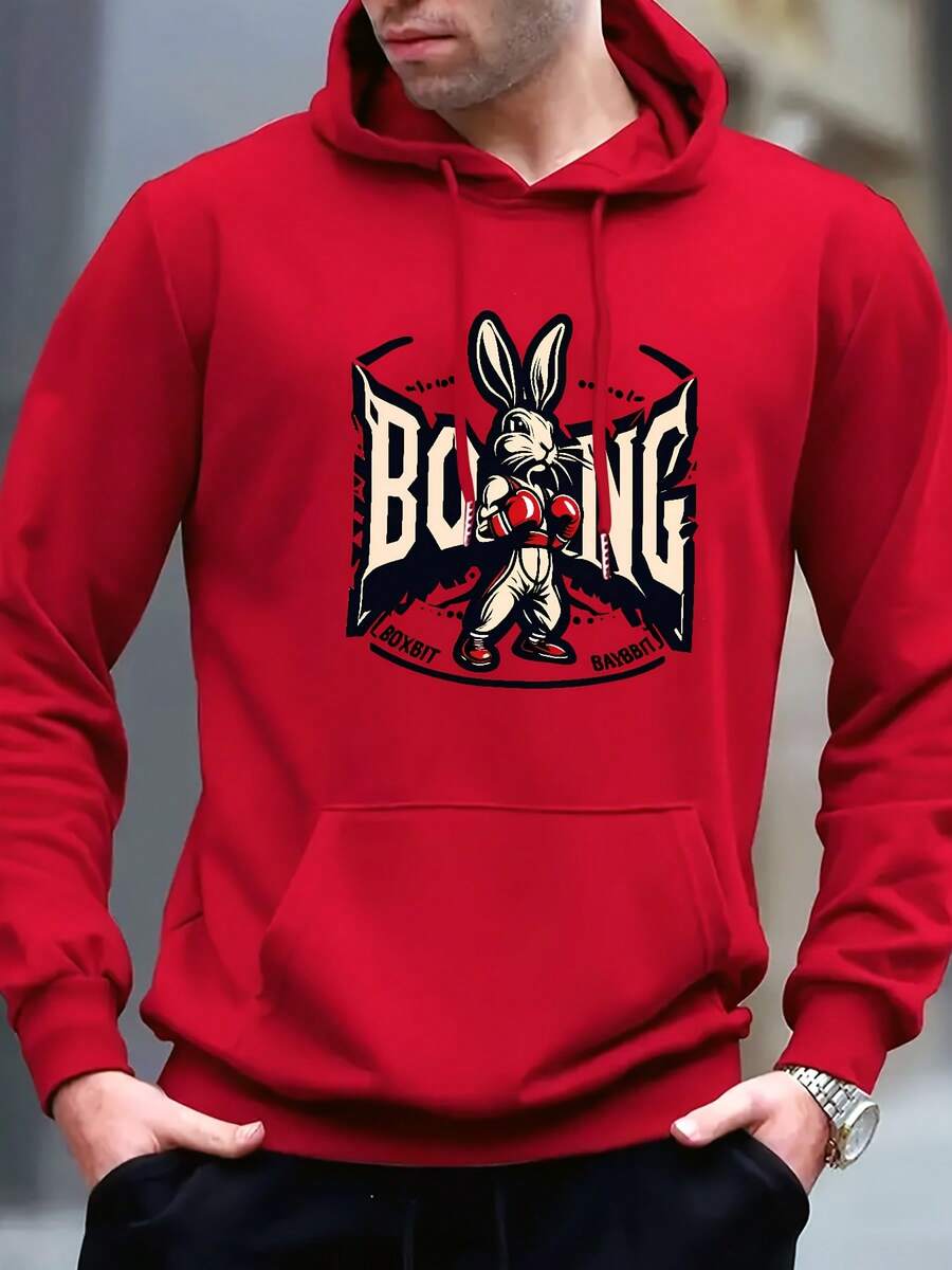 Sudadera con capucha y cordón de ajuste con estampado de conejo para hombres - Rojo - Ver 1