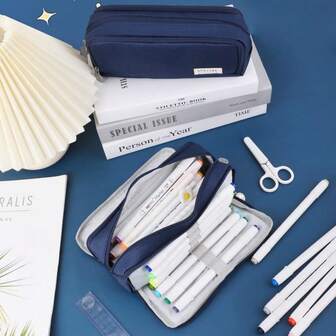 1个大容量三隔层铅笔盒，适合儿童、青少年、男孩、学生，牛津布材质，文具和化妆品收纳袋