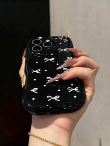 蝴蝶结彩绘平纹印花黑色米色图案彩绘软壳，适用于 17/17PROMAX/ 16/ 16 Pro/ 16 Pro Max/ 15/XR/7P/8P/P12 Pro Max/P13 Pro Max/P14 PRO Max/P13/P14/P11/P12/P14女款柔软防摔手机壳，尺码XS/S/XS MAX/78GES2，可爱时尚加厚手机壳保护套 - 彩色 - 查看 2