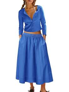 Women's 2 Piece Lounge Set Matching Outfit Vacation Ribbed Button Down Cardigan Elastic Waist Skirt Set - Klein Blue - View 4