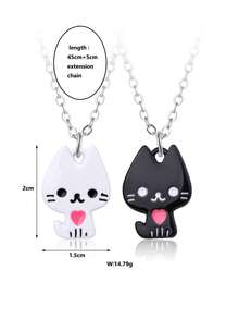 2pcs/Set Girls' Cat Zinc Alloy Black & White Enamel Cute Pendant Necklace Set, Suitable For Daily Wear - Black and White - View 3
