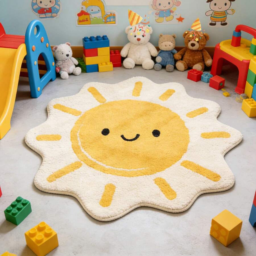 1 pieza Alfombra decorativa con sol para habitación infantil, decoración de dormitorio, alfombra pequeña para sala de juegos, decoración del hogar, alfombra de dormitorio, decoración de sala de estar, alfombra para exteriores, alfombra lavable - Multicolor - Ver 1