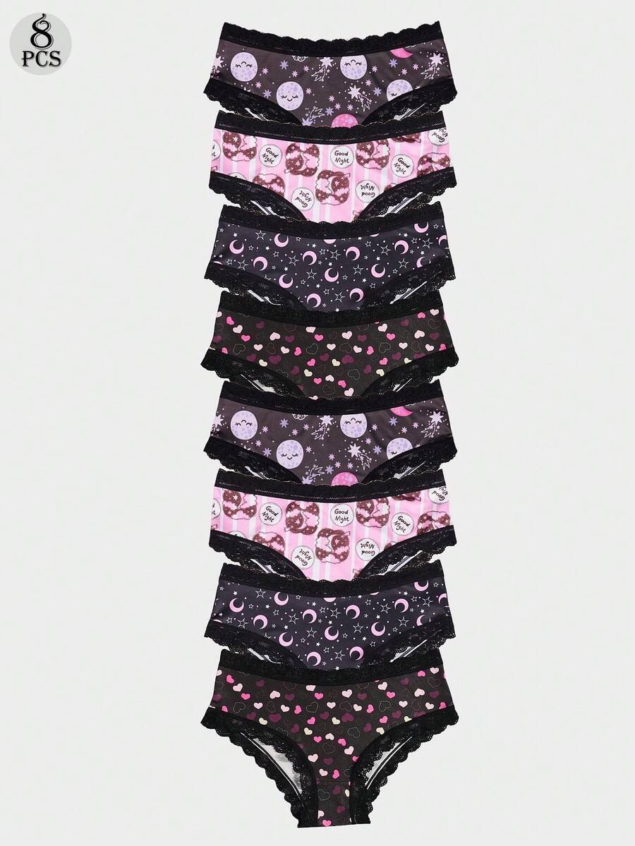 Dircho 8条装女士优雅星空图案撞色蕾丝比基尼内裤 - 全印花丝滑柔软舒适贴身内衣，弹力透气松紧腰日常内衣套装 - 彩色 - 查看 1