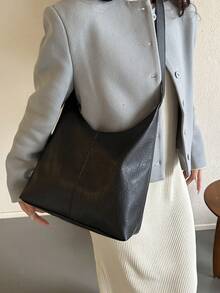 حقيبة تسوق لون أحادي جديدة لعام 2026، تصميم نمطي بسيط لحمل تحت الذراع، حقيبة كتف ذات سعة كبيرة وأنيقة - الأسود - مشاهدة 3