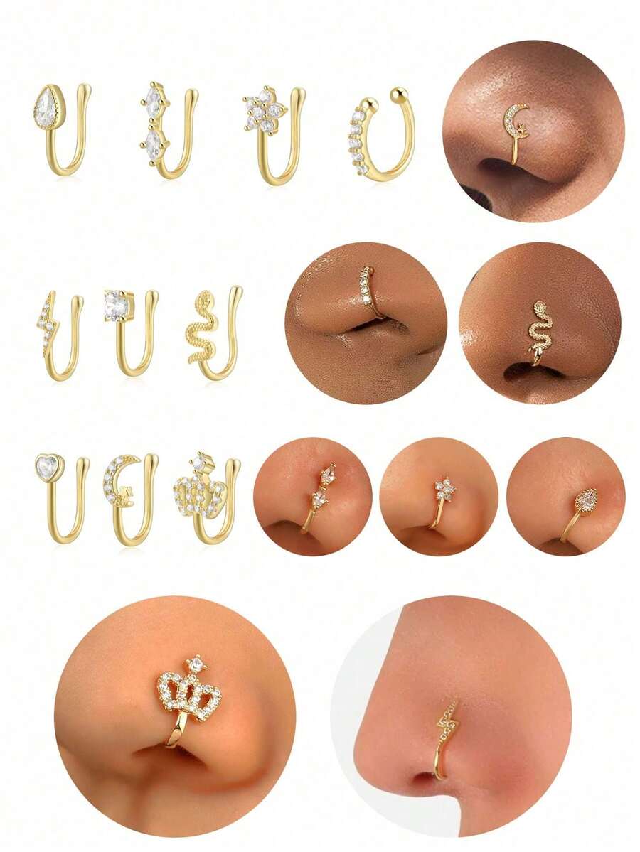 S925纯银几何水滴闪电鼻环/夹式穿孔饰品