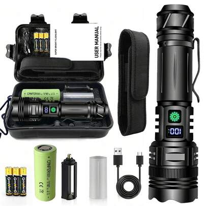  Poslani 最强LED手电筒，高流明可充电，200000流明超亮USB手电筒，高功率手持手电筒，适用于紧急情况、露营、钓鱼、徒步旅行，也是馈赠佳品。