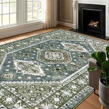 8x10 Area Rugs Living Room, Washable Non Slip Floral Floor Carpet, Low Pile Lightweight Print Rugs Bedroom, Dining Room, Home Office, Blue And Green, Trending Boho Style - 03green - 查看 4