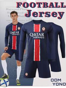 ODMYONO Męski strój piłkarski/strój do piłki nożnej 2024-2025 – koszulka z długim rękawem i spodenki, styl domowy - Granatowy - Zobacz 1