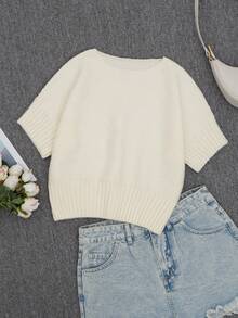 Women's White Knitwear Round Neck Short Sleeve Crop Top Stylish And Comfortable Medium Stretch - Apricot 1 - View 5