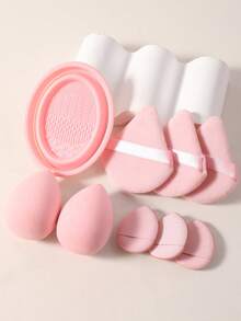 9pcs Complete Makeup Tool Set, Including 3 Triangular Sponges + 2 Liquid Makeup Beauty Eggs + 3 Finger Sponges + 1 Brush Cleaning Bowl, A Practical Kit For Daily Makeup Application, Touch-Ups, And Beginners To Achieve Flawless Makeup - Pink - View 7