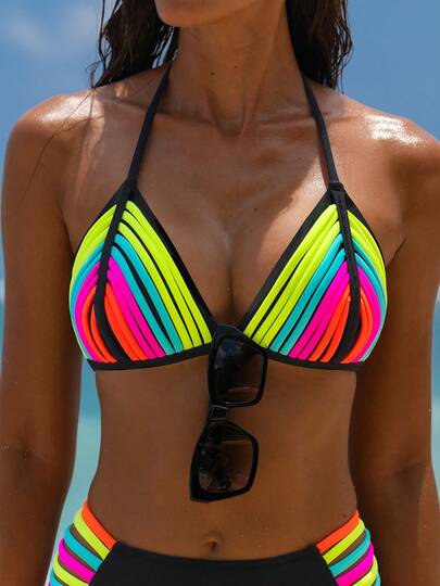 popvil Bộ bikini nữ cổ yếm, sọc neon, phối patchwork, hở lưng, dây đeo, cho kỳ nghỉ hè, du lịch biển