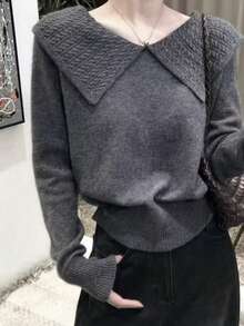 Elegant Knitted Sweater With Lapel Collar, Chic And Youthful Korean Style - Grey - View 4