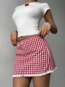Chân váy mini chữ A cạp siêu thấp màu đỏ trắng kẻ caro xếp ly, đa năng, dành cho nữ mùa xuân/hè, thanh lịch và thời trang, phù hợp cho sinh hoạt hàng ngày, đi làm, du lịch, lễ hội, tiệc tùng, ngày Valentine. - Đỏ - Xem 5