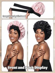 Satin Bonnet Satin Bonnet For Sleeping Satin Sleep Cap Double Layer Hair Bonnet With Elastic Tie Band For Curly Hair Night Cap (Black + Peach Pink) - 桃粉 - 查看 3