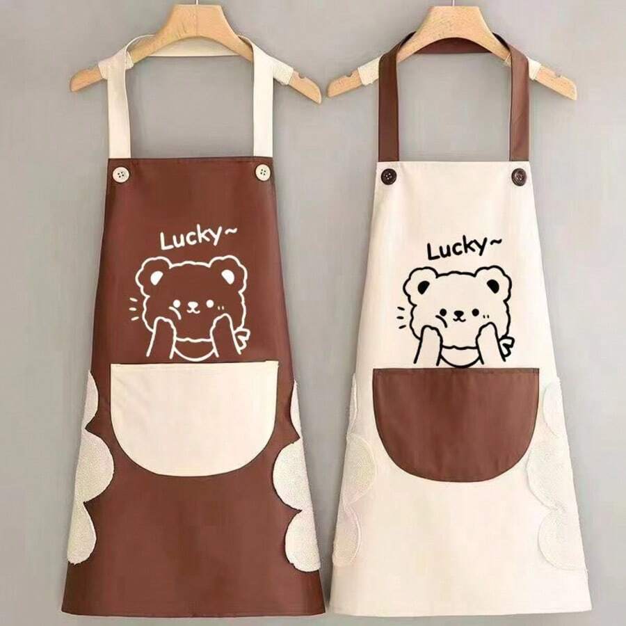 1pc Waterproof, Oil-Proof, Stain-Resistant Bear Pattern Wipe-Clean Apron, Suitable For Women's Home Kitchen/Catering/Work, Couple Apron, Valentine's Day Gift - Multicolor - View 1