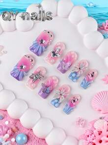 10pcs/Set Press On Nails, Square-Shaped Nails ,Mediun Nails,Winter Nails,Cute Style,Nen Year Gift,Detachable, Suitable For Party, Dance, Daily Wear, Student Party, Office Worker Cosplay, Press-On And Reusable, With Jelly Glue And Nail File Nail Supplies