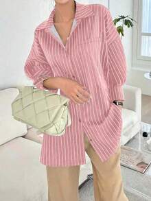 大码女士条纹印花翻领休闲衬衫 粉色 春季 - 粉色 - 查看 5