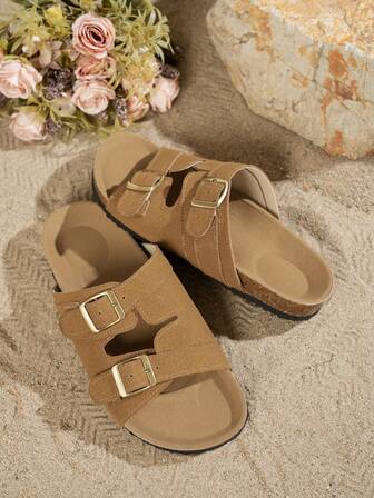 Women's Spring/Summer New Brown Retro Faux Suede Buckle Open Toe Luxury Fashion Party Versatile Sandals, Comfortable Casual Outdoor Beach Holiday Vintage Bohemian Style Recommended By Influencers Wooden Texture Flat Sandals