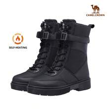 CAMEL CROWN Botas de combate de tacón bajo para mujer, zapatos de suela gruesa elástica antideslizante, botas militares con cordones - Negro - Ver 2
