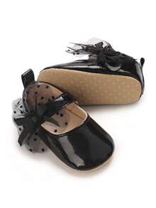 时尚百搭柔软PU皮革可爱蝴蝶结婴儿鞋，复古港式公主鞋，适合女婴 - 黑色 - 查看 2