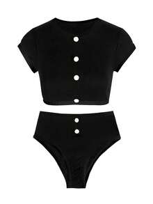 新款春夏性感优雅黑色高腰比基尼泳衣，适合海滩、度假、派对、约会等场合。 - 黑色 - 查看 3