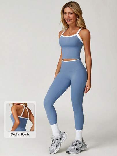 MASKERT 女士运动套装（背心和紧身裤），健身瑜伽服，紧身弹力运动服，舒适亲肤，适合运动和休闲穿着。