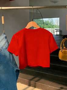 Christmas Solid Color Women Casual Short Sleeve Cropped Top - Red - View 2