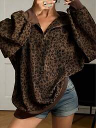 Plus Size Women Leopard Print Half Zip Loose Sweatshirt