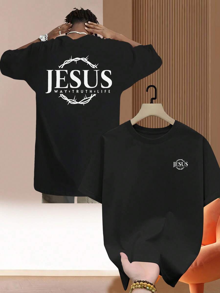 Women's T-Shirt, Men's T-Shirt With Jesus Christ Cross Print And Greek Letter λ - Faith Clothing With Philippians 4:13 Verse Design, Round Neck And Short Sleeve T-Shirt For Church, Casual Wear And Religious Events, National Shipping, Women's Clothing - 黑色 - 查看 1