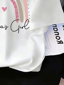 Tween Girls' Letter & Heart Print Short Sleeve Casual Loose Fit T-Shirt - White - View 5