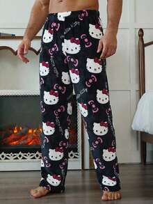 Sanrio 1pc Men's Casual Black Bottom  Pajama Pants,  Straight Leg Anime Costume, Autumn/Winter - Black - View 3