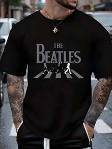 Men'S Vintage Beatles Graphic T-Shirt - Black Casual Streetwear With Crosswalk Print, Short Sleeve Round Neck, Machine Washable Regular Fit, All-Season Comfort, Music Fan Apparel |     Vintage Graphic Tee |     Comfortable Fit, Beatles T Shirt - 黑色 - 查看 7