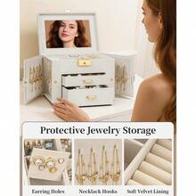 Jewelry Box For Women Leather Jewelry Organizer With Mirror And Lock 3-Tier Jewelry Storage Organizer With 2 Drawers For Girls/Women/Mothers Necklace Earring Bracelets Holder Organizer - WhiteGold - View 6