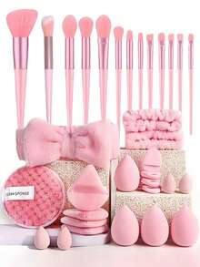 34/33/20/13-Pink Makeup Brush Set,Makeup Tool Set: Includes 13 Pink Makeup Brushes, Powder Puffs, And Makeup Sponge. Everyday Makeup Set, Travel Makeup Set, Brushes, Sponges, Headbands, And Toiletry Bag - An Essential Beauty Set." - Pink - View 15