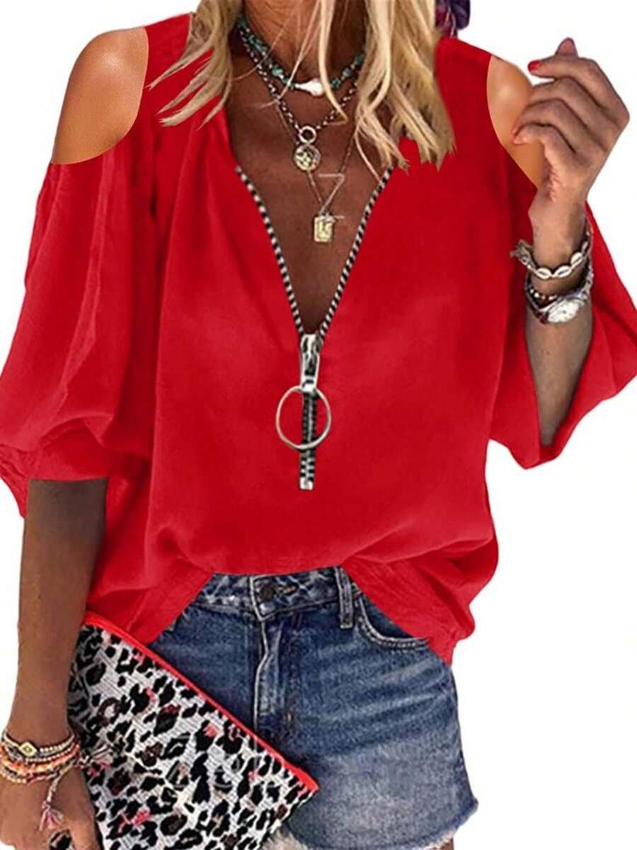 Womens V-Neck Lantern Sleeve Blouse Zipper Design Loose Casual Top Shirts - 紅色 - 查看 1