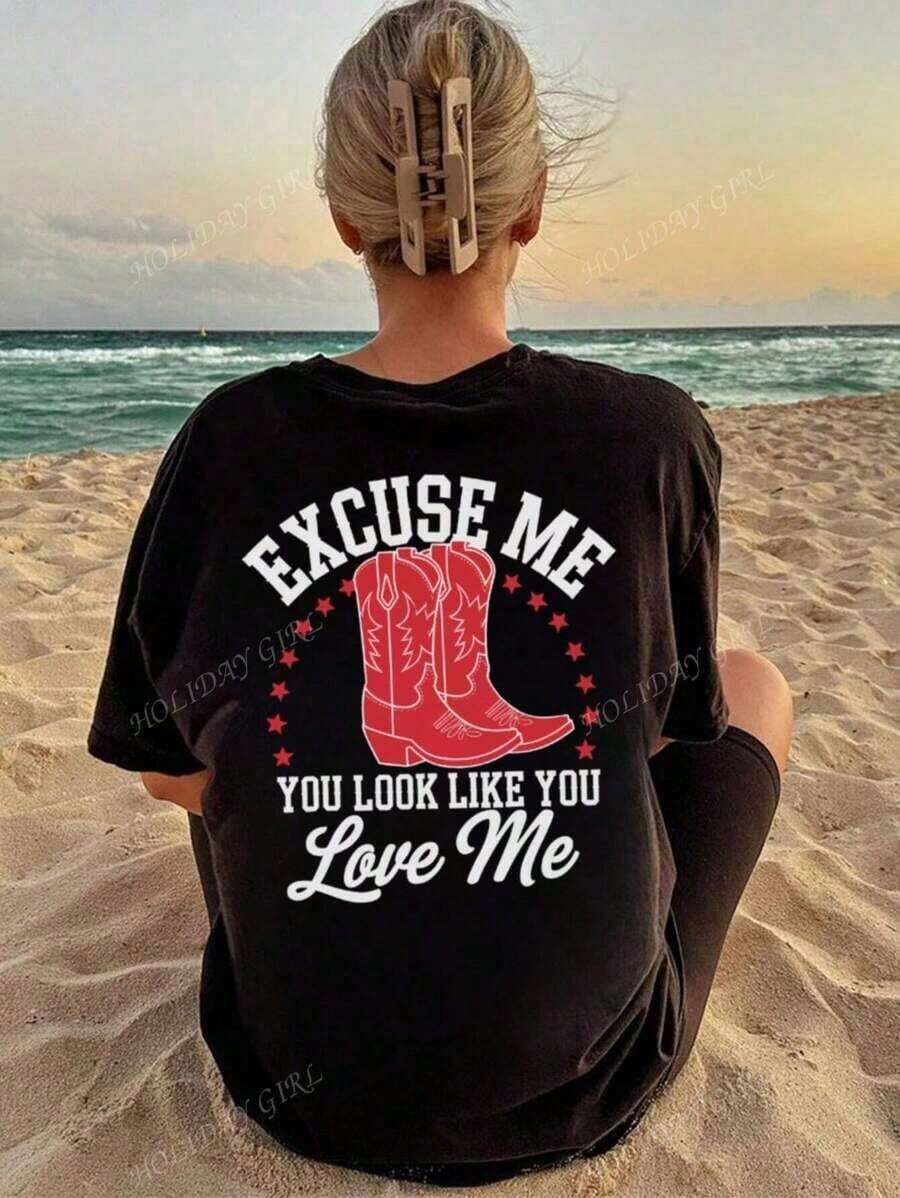 EXCUSE ME Ladies' Summer Street Red Boot Pattern Personalized Print Pattern Round Neck T-Shirt Western Style Clothing Women's Top. Graphic Tees Women Pink Top-White And Navy Off-The-Shoulder Cropped Top- Unisexideal Para Amigos - 黑色 - 查看 1