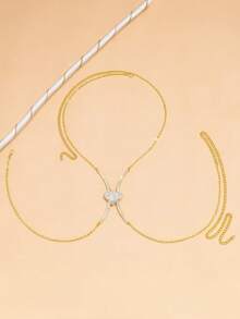 1pc Sexy Rhinestone Heart Bra Strap, Women's Party Club Sexy Body Chain Jewelry, Intimate Accessories - Gold - View 3