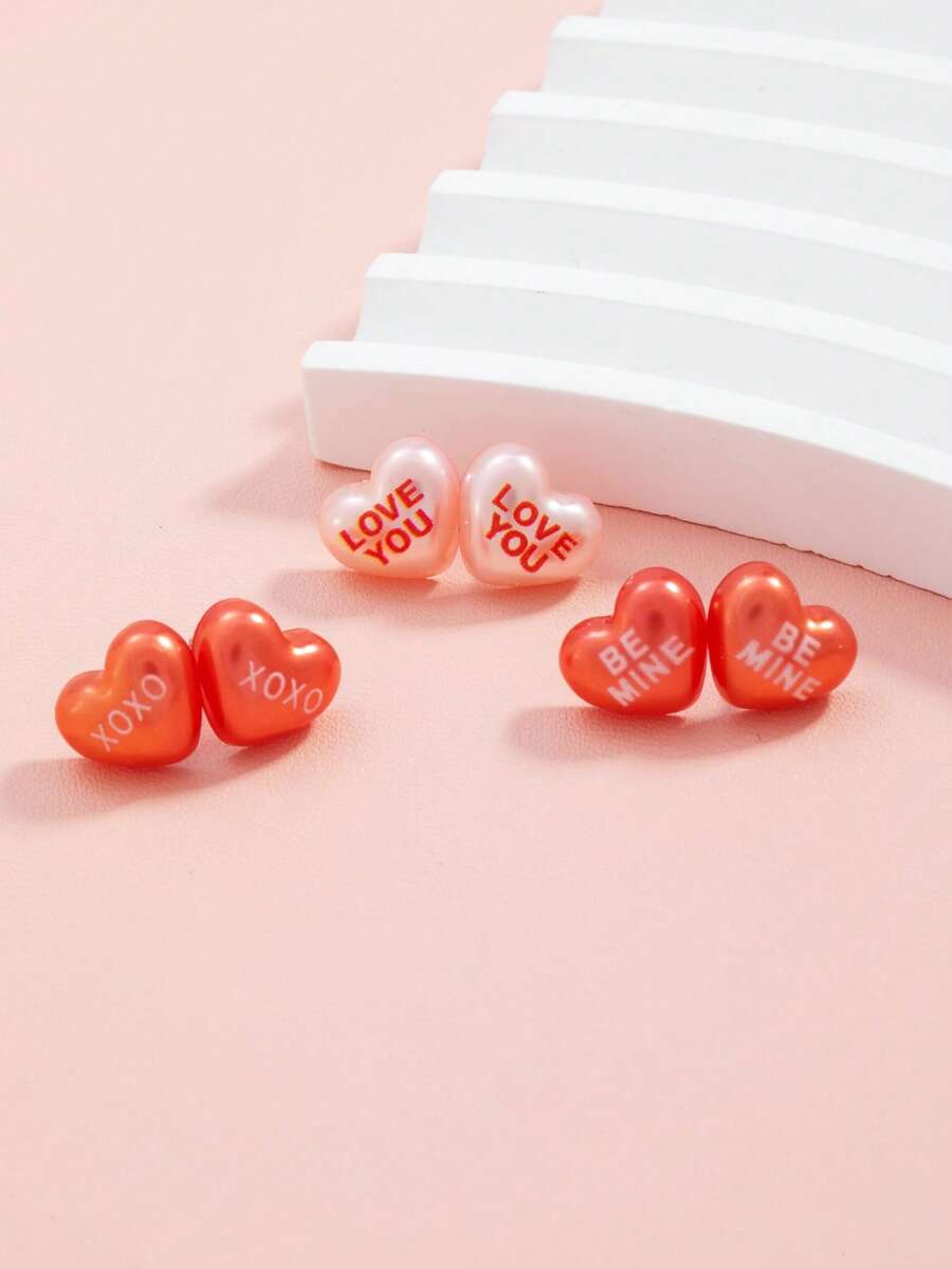 欧美时尚心形字母“爱你”、“做我的”、“XOXO”耳钉套装,适合日常佩戴,送给女朋友/妈妈的礼物 - 彩色 - 查看 1