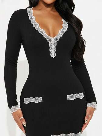 Damska dzianinowa sukienka w jednolitym kolorze, seksowna, z dekoltem w serek i koronkowym wykończeniem, idealna na randkę w Walentynki