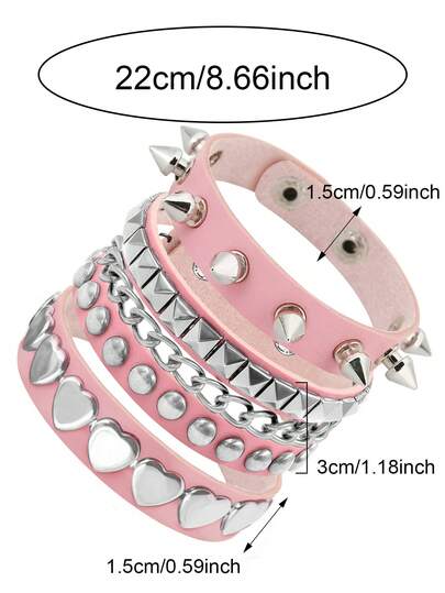 时尚铆钉粉色Y2K手链，适合女性日常、派对、演出佩戴，也可作为情侣手链、圣诞节、情人节、狂欢节服装配饰。