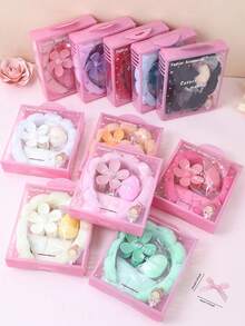 5件套女孩海绵SPA头带和腕带套装，毛巾布头带洁面组合套装，海绵SPA头带可用于洗脸或护肤，配有腕带和大花朵发夹礼盒，非常适合卸妆、敷面膜、护肤、派对礼品和日常使用。 - 彩色 - 查看 2