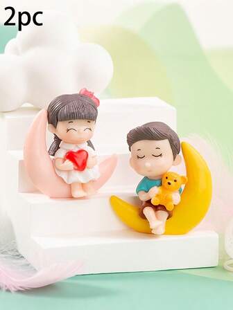 2pcs Moon Couple Miniature Ornaments, Exclusive Matching Decor For Micro Landscape, Warm And Sweet Atmosphere Decoration For Bedroom Nightstand, Living Room Shelves, Desk Cute Ornaments, Creative DIY Crafts Keychain Figurines, Multi-Scene Soft Furnishing Accessories To Create Cozy Ins-Style Room Corners