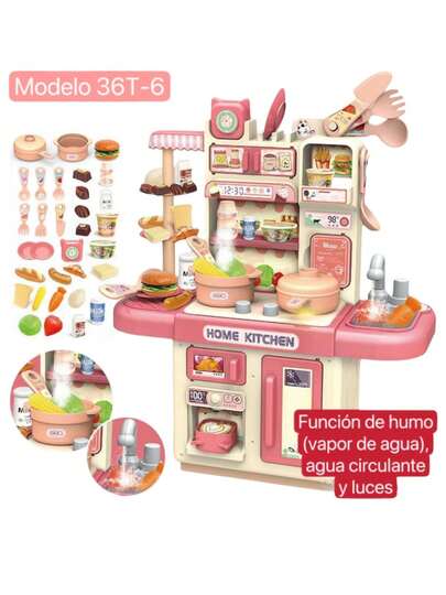 Juego de cocina rosa de alta calidad, estufa con luces y sistema de agua circulante, comida y utensilios de cocina de juguete para niños