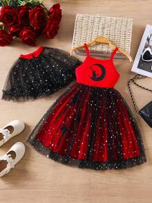 Young Girl' Contrast Mesh Shawl Strap Mesh Dress, Spring/Summer - Red and Black - View 1