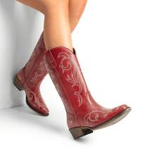 Botas de Vaquero para Mujer de Media Pantorrilla con Punta Cuadrada, Cowboy Boots para Dama con Tacón Grueso - Rojo - Ver 10