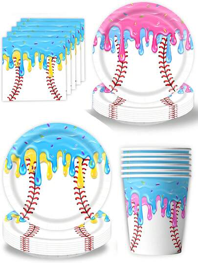 10pcs Ice Cream Baseball Themed Party Cutlery Set: Plates, Cups, And Napkins. Suitable For Camping, Travel, And Various Activities, It Is The Perfect Match For Birthday Celebrations.