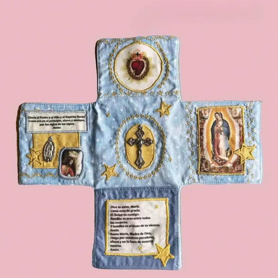 Handmade Pocket Sanctuary With Silver Cross – Catholic Travel Prayer Pouch, Embroidered Virgin Mary Design, Spiritual Christian Gift - Blue - View 1