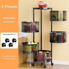 Hodeffior Kitchen Storage Cart With Wheels, 5-Tier Kitchen Shelf With Rotating Fruit Basket, Carbon Steel Multi-Layer Vegetable Rack, Rolling Storage Cart For Kitchen, Office, Bathroom - Black-5 Tier - View 3