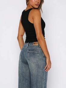 Women's Scoop Neck Sleeveless Knit Ribbed Fitted Casual Crop Tank Top - Black - View 5